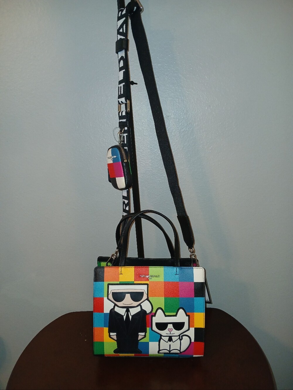 NWT Karl Lagerfeld Multicolor Checker Satchel with Black Trim and Graphic Icons